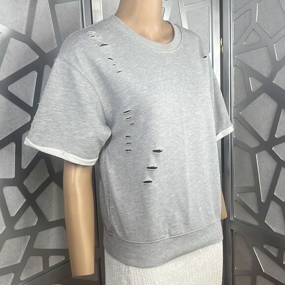 Honey Punch Distressed Short Sleeves Gray Sweat Shirt S - Picture 2 of 11